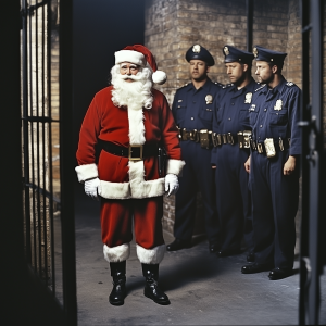 Santa Claus is being processed for arrest by police.